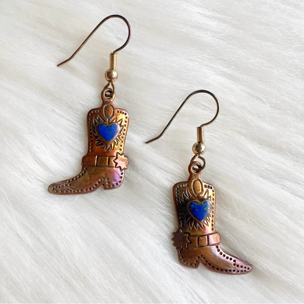 VINTAGE Lapis Heart & Copper Cowboy Boot Western Rodeo Cowgirl Hook Earrings